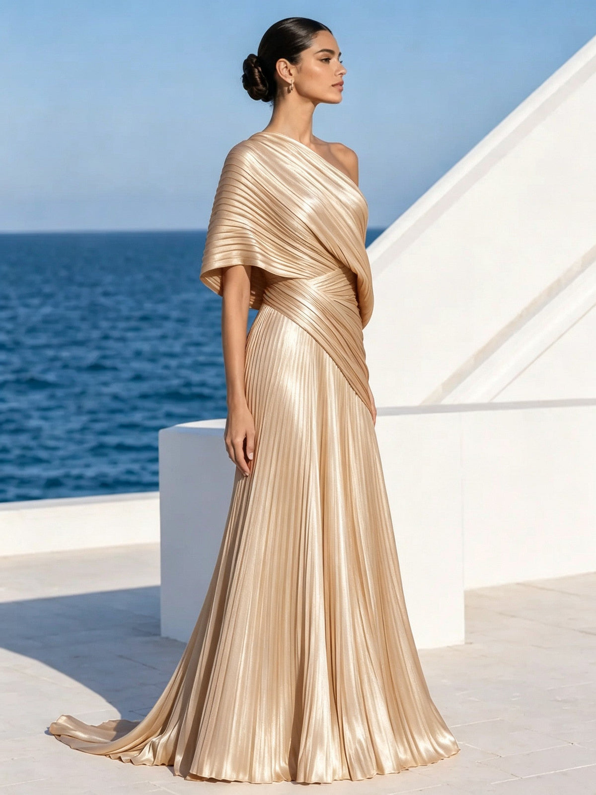 One Shoulder Draped Evening Gown