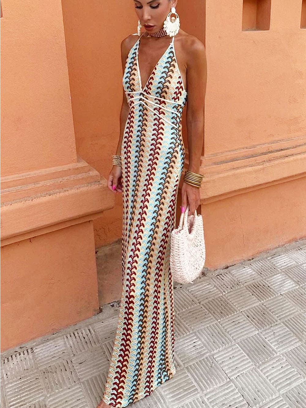 Halter V Neck Backless Boho Pattern Knit Slim-Fit Vacation Maxi Dresses-Beige