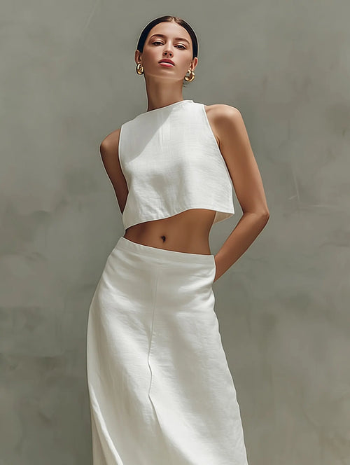 Women's Minimalist Two-Piece Set - Sleeveless Crop Top & High-Waist Maxi Skirt Vacation Outfit