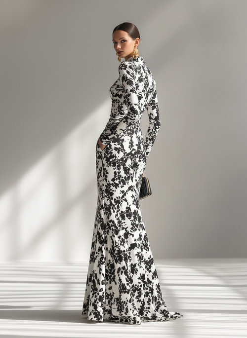 Women's Black And White Patterned Stretch Blend Wrap Dress MDA1295K1AP