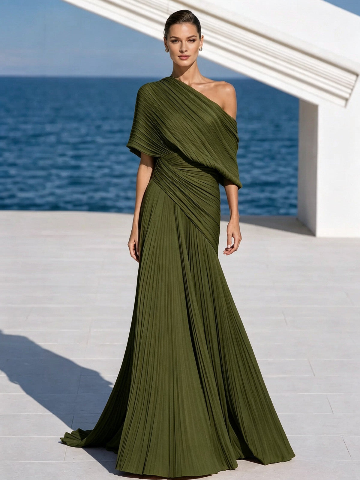 One Shoulder Draped Evening Gown