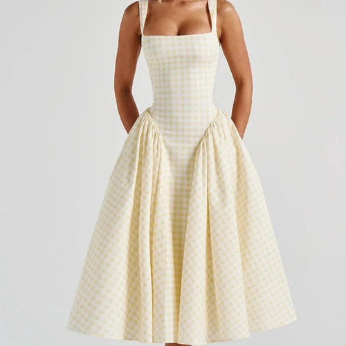 Soleina Pink or Yellow Gingham Midi Dress – Pretty Summer Day Dress with Fitted Bodice and Full Skirt