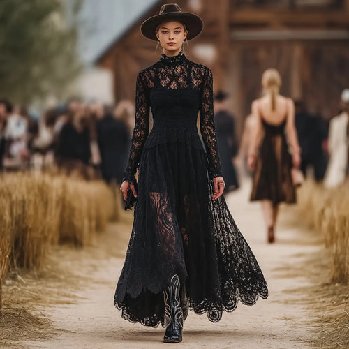 Women's Vintage Elegant Black Lace And Velvet Maxi Dress