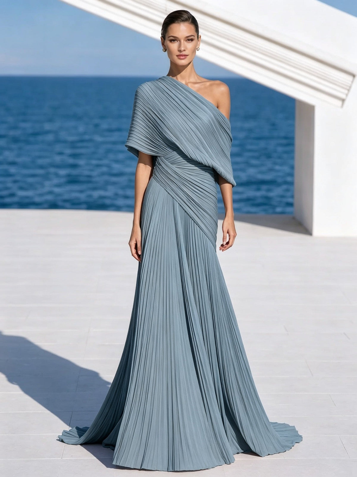 One Shoulder Draped Evening Gown