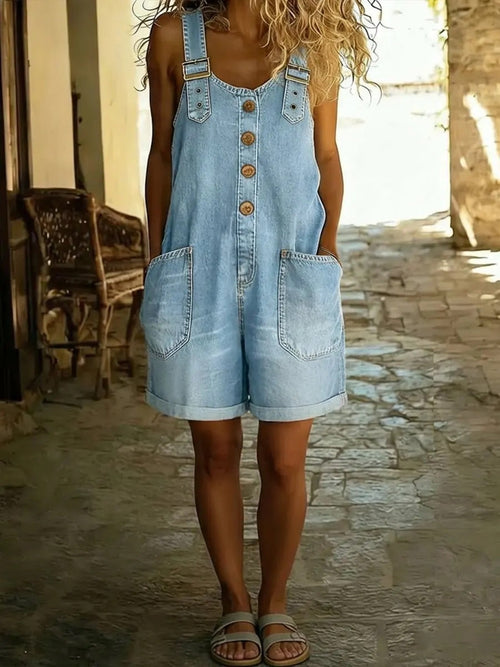Women's Summer Lightweight Denim-Style Overalls - Adjustable Strap Short Jumpsuit with Pockets