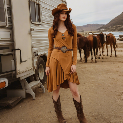 Women's Retro Western Style V-Neck Long Sleeve Dress
