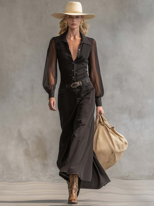 Vintage Western Front Button V-Neck Transparent Long Sleeve Black Denim Maxi Dress