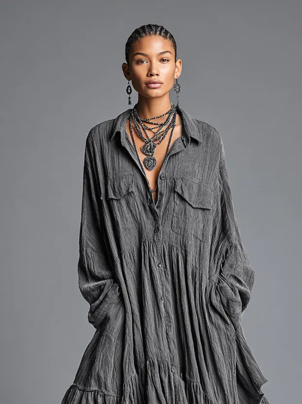 Women's Cotton And Linen Blend Loose Washed Shirt Maxi Dress MDA0486H7Y