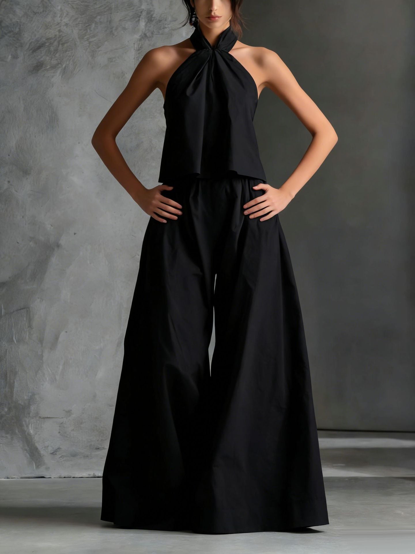 Minimalist Halter Neck Two-Piece Set - Chic Sleeveless Crop Top & High-Waisted Wide-Leg Pants Summer Suite