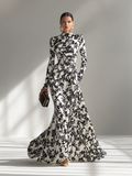 Women's Black And White Patterned Stretch Blend Wrap Dress MDA1295K1AP