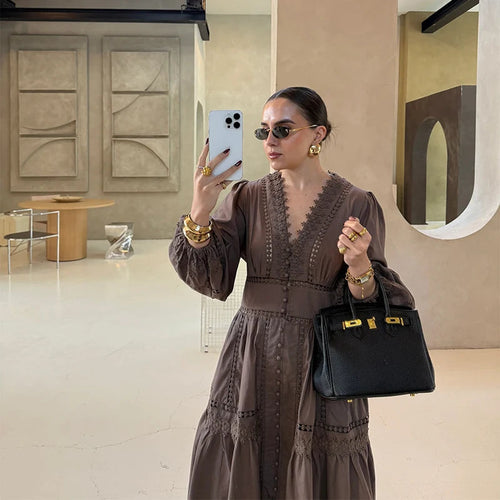 Marisol Long Sleeve Embroidered Maxi Dress – Elegant V-Neck Boho Day Dress in White, Mocha & Black