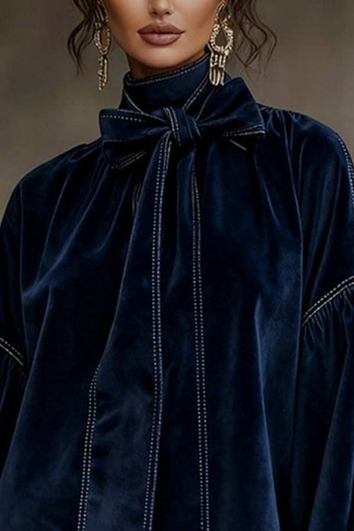 Dark Blue Velvet Bow Lantern Sleeve Mini Dress