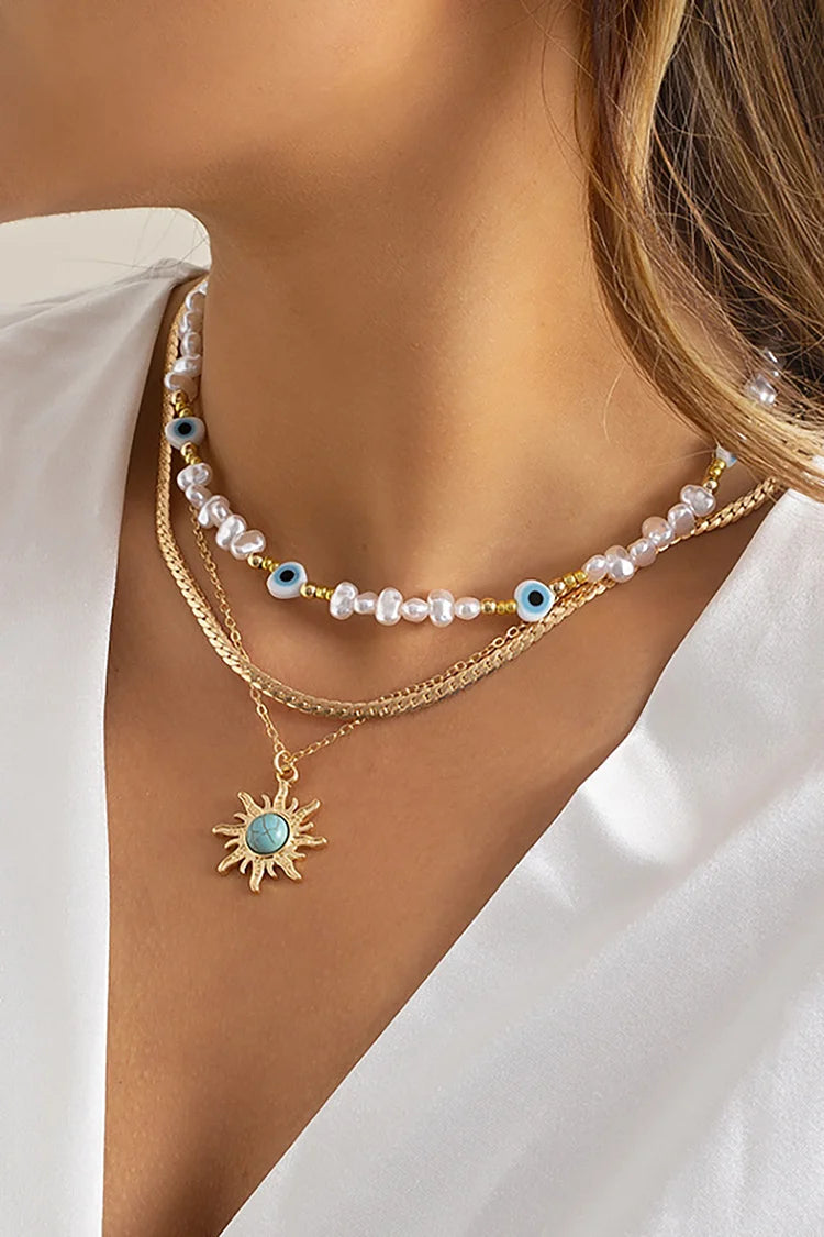 Beads Chain Tribal Sun Decor Pearl Layered Vintage Necklace