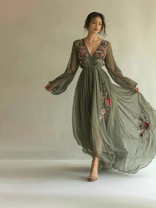 Vintage 3D Floral Print Maxi Dress - Elegant V-Neck Long Sleeve Boho Garden Party Gown