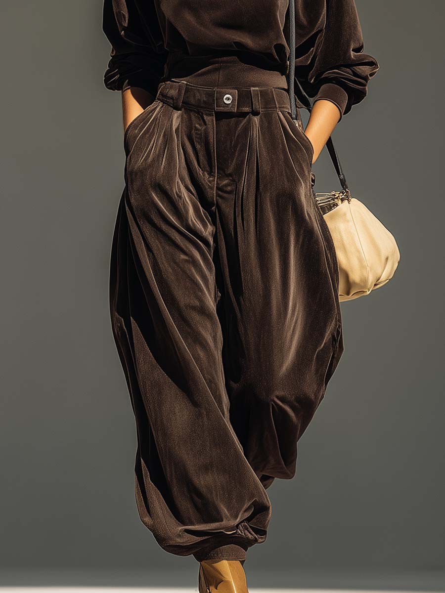 Vintage brown velvet hoodie and loose-fitting trousers set（Includes belt）