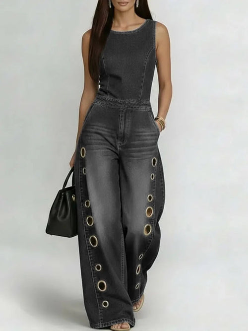 Women's Grommet Detail Wide-Leg Jumpsuit - Bold High-Waisted Sleeveless Streetwear One-Piece