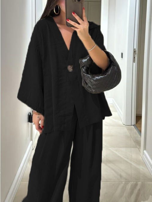 Casual V-Neck Top & Pants Two-Piece Set