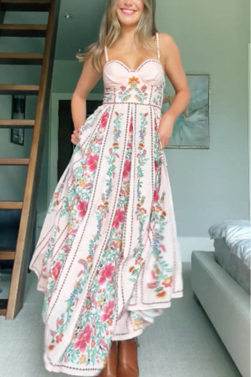 Delicate Forest Unique Print Sweetheart Neck Beaded Straps Maxi Dress