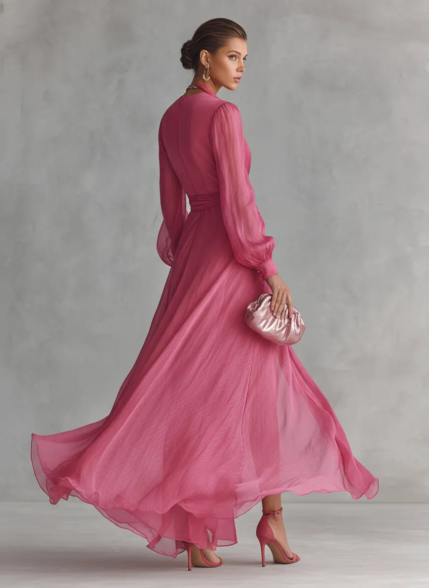 Women's Elegant Rose Pink Pearl Chiffon V-neck Tie-waist Long Dress MDZ1925A7BA