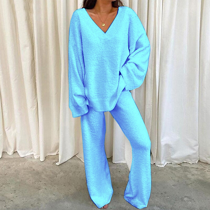 Comfortable Solid Color V-neck Daily  Two-piece Set